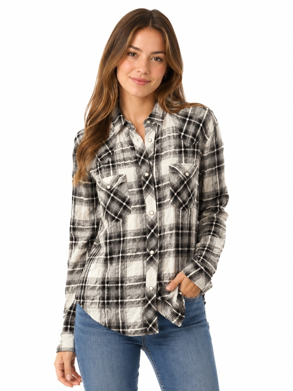 All Saints Linen Blend BlackWhite Plaid Pearl Snap  Button-Down Shirt Women's M